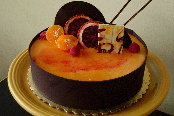 A smal orange and red pastry with chocolate from Masse's Pastries in Berkeley, CA