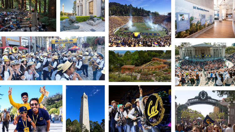 A collage of photos showing the UC Berkeley Campus and the university's various events. 