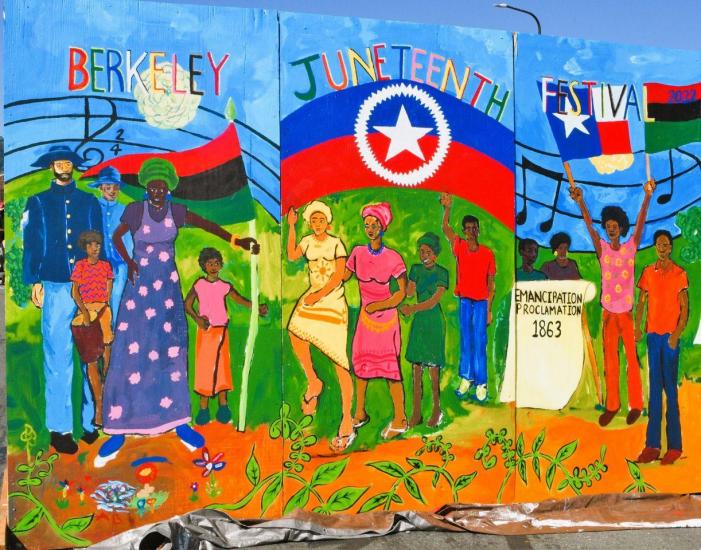 A painting in vvibrant color depicts a series of people in traditional African garb for the Berkeley Juneteenth Festival. 