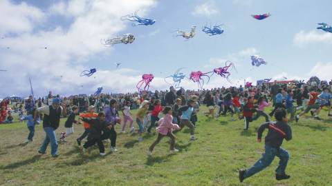 Berkeley Kite Festival attendees, mostly children, run in the grass beneath blue skies as multicolored kites fly overhead.