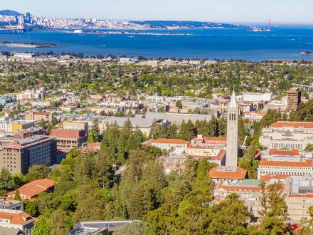 Aerial view of Berkeley at dusk. The Golden Gate Bridge is visible in the background.