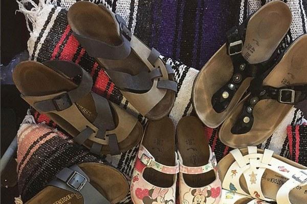 close-up of a variety of Birkenstocks for sale at Mars Mercantile 