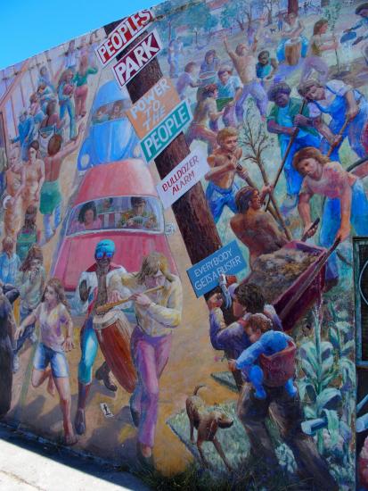 A photo of the People's Park mural by artists Osha Neumann and Brian Thiele in Berkeley, CA.
