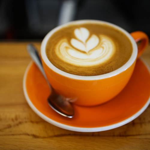  Cappuccino in orange mug on table from Rasa Cafe in Berkeley California