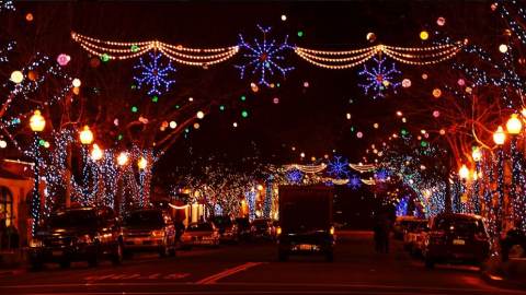 street decorated with holiday lights in berkeley