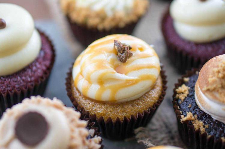 A vanilla cupcake with white frosting and caramel drizzle