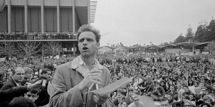 A black-and-white photo showing an event on the UC Berkeley Campus.