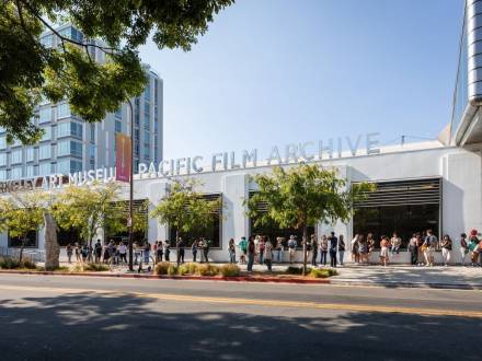 People form a line outside the Berkeley Art Museum and Pacific Film Archive.