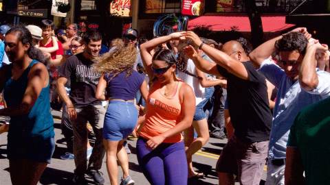 Group of people dancing at Salsa Sunday in Berkeley CA