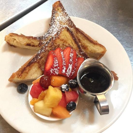 French toast, syrup, and a fruitcup from Saul's Deli in Berkeley
