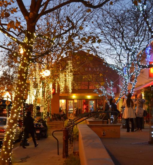 Families visit the different shops on Fourth Street while admiring trees covered in Christmas lights